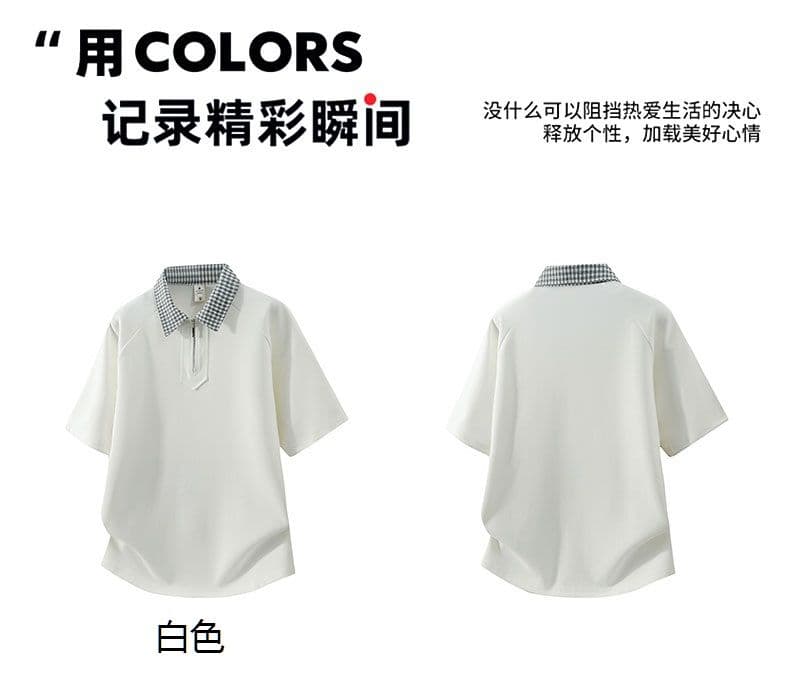조수 브랜드 아메리칸 티셔츠 하프 지퍼 디자인 센스 반팔 POLO 셔츠 남성 루즈핏 캐주얼 단색 폴로 칼라 남자 맨위 상세 이미지 2