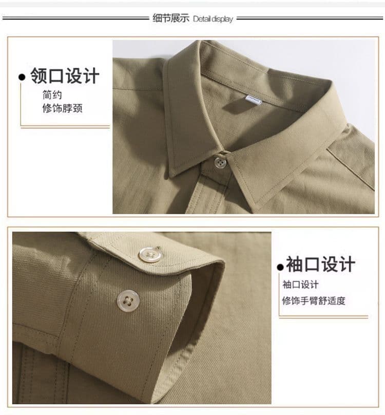새로운 높은 품질 순면 단색 긴팔 가을 루즈핏 섹션 캐주얼 다용도 고급 센스 주머니 셔츠 재킷 상세 이미지 4