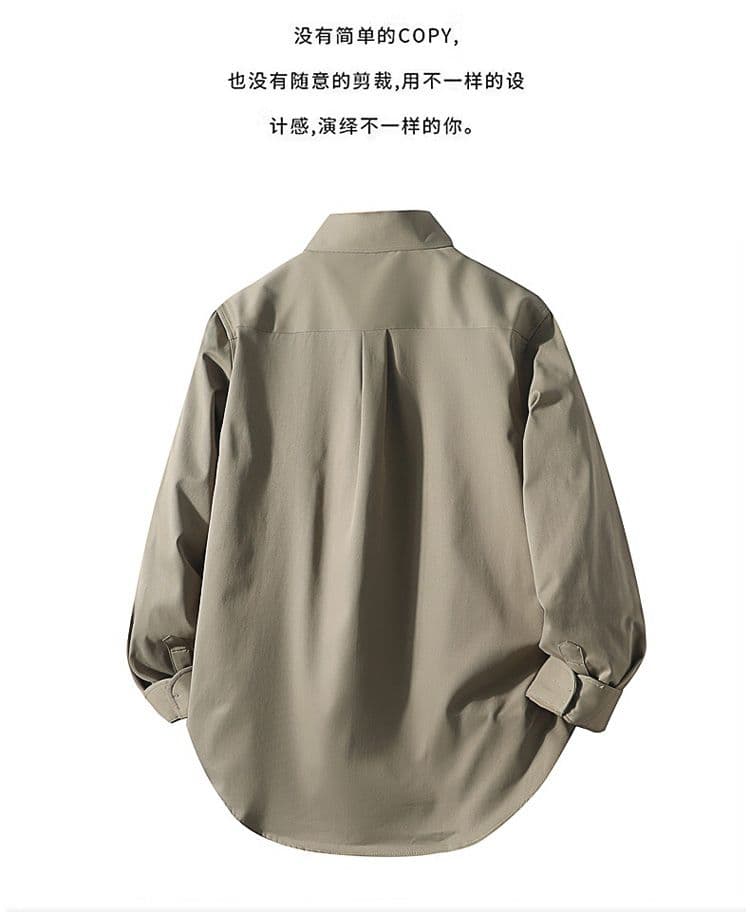 새로운 단색 긴팔 셔츠 남성 가을 루즈핏 캐주얼 맨위 재킷 디자인 센스 고급 센스 어둠 곡물 주머니 상세 이미지 2