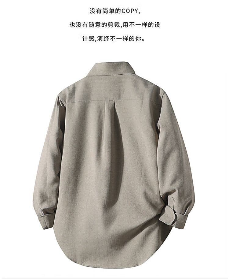 새로운 단색 긴팔 셔츠 남성 가을 루즈핏 폴로 칼라 캐주얼 맨위 재킷 디자인 센스 고급 센스 어둠 곡물 상세 이미지 2