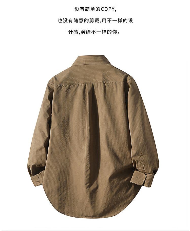 새로운 단색 긴팔 셔츠 남성 가을 루즈핏 폴로 칼라 캐주얼 맨위 재킷 디자인 센스 고급 센스 스트라이프 상세 이미지 2