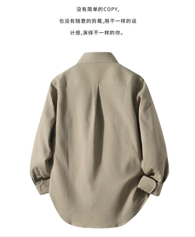 새로운 단색 긴팔 셔츠 남성 가을 루즈핏 폴로 칼라 캐주얼 맨위 재킷 디자인 센스 고급 센스 스트라이프 상세 이미지 2