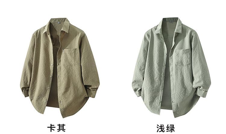 봄 가을 남성 반팔 셔츠 Seersucker 질감 센스 패션 트렌드 한국 스타일 슬림 피트 셔츠 주머니 상세 이미지 6