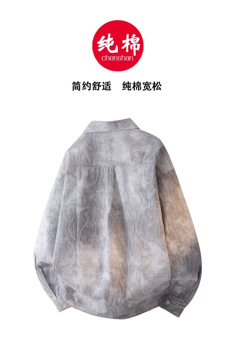 순면 일본식 워시 물 레트로 남성 루즈핏 섹션 셔츠 봄 여름 트렌드 프린트 품질 주머니 긴팔 셔츠 상세 이미지 2