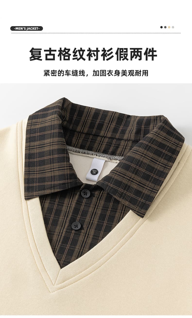 새로운 봄과 가을 아메리칸 트렌드 배색 패치워크 셔츠 칼라 조수 브랜드 후드티 남자 페이크 레이어드 루즈핏 후드티 상세 이미지 7