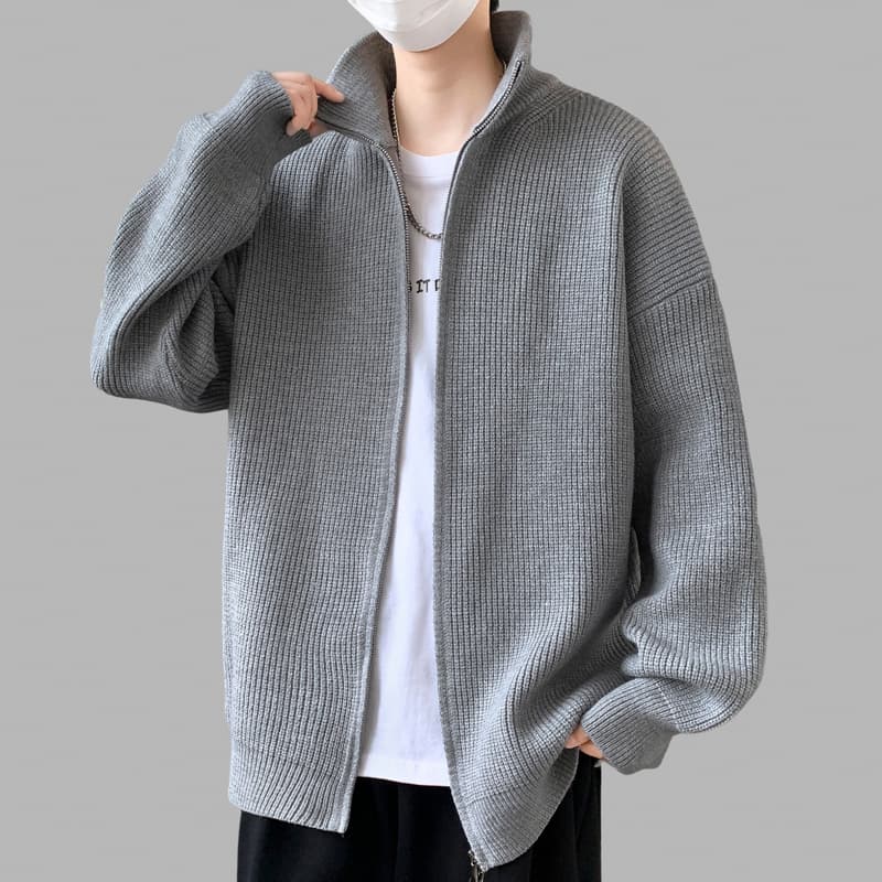 새로운 가을 겨울 단색 캐주얼 다용도 편안함 패션 잘 생긴 트렌디 에디션 오픈 가디건 더블 지퍼 스탠드 칼라 니트 스웨터 이미지 3