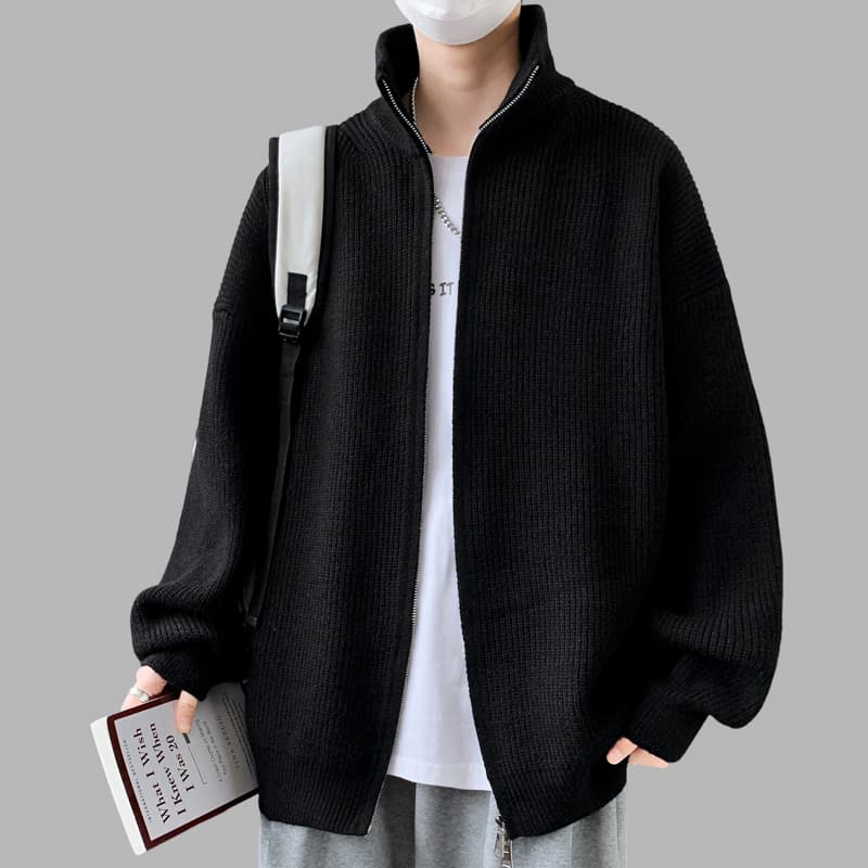 새로운 가을 겨울 단색 캐주얼 다용도 편안함 패션 잘 생긴 트렌디 에디션 오픈 가디건 더블 지퍼 스탠드 칼라 니트 스웨터 이미지 2