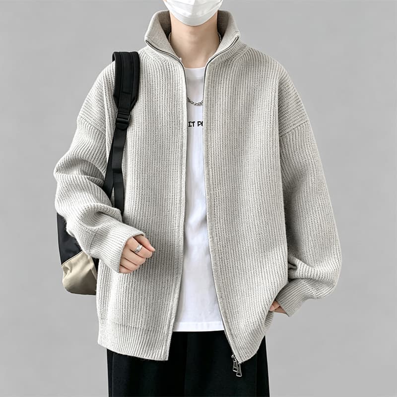 새로운 가을 겨울 단색 캐주얼 다용도 편안함 패션 잘 생긴 트렌디 에디션 오픈 가디건 더블 지퍼 스탠드 칼라 니트 스웨터 이미지 4