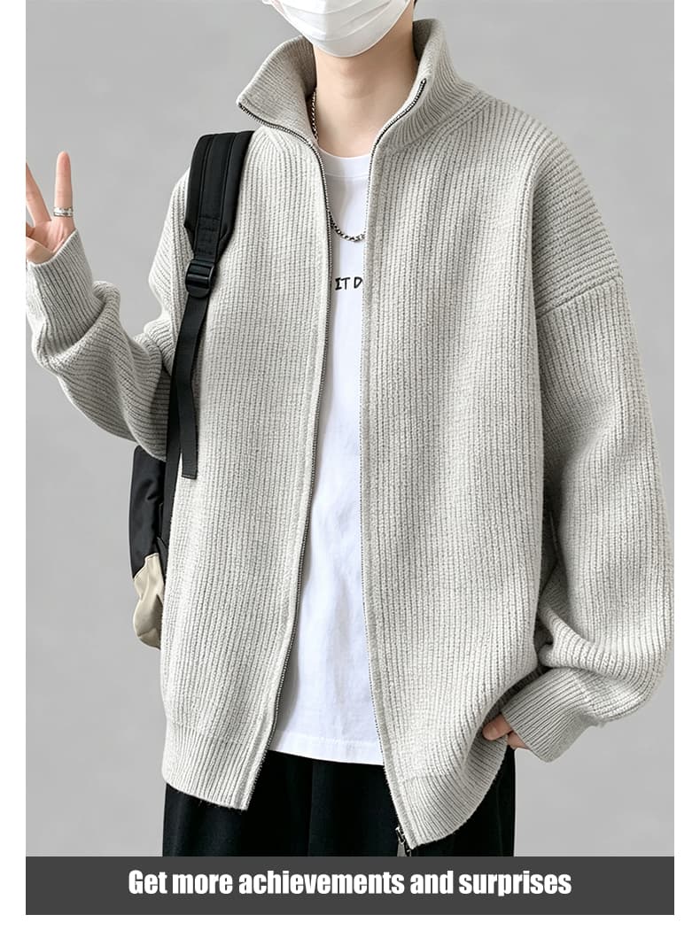 새로운 가을 겨울 단색 캐주얼 다용도 편안함 패션 잘 생긴 트렌디 에디션 오픈 가디건 더블 지퍼 스탠드 칼라 니트 스웨터 상세 이미지 9