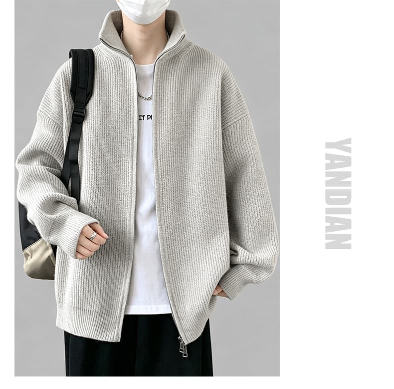 새로운 가을 겨울 단색 캐주얼 다용도 편안함 패션 잘 생긴 트렌디 에디션 오픈 가디건 더블 지퍼 스탠드 칼라 니트 스웨터 상세 이미지 10