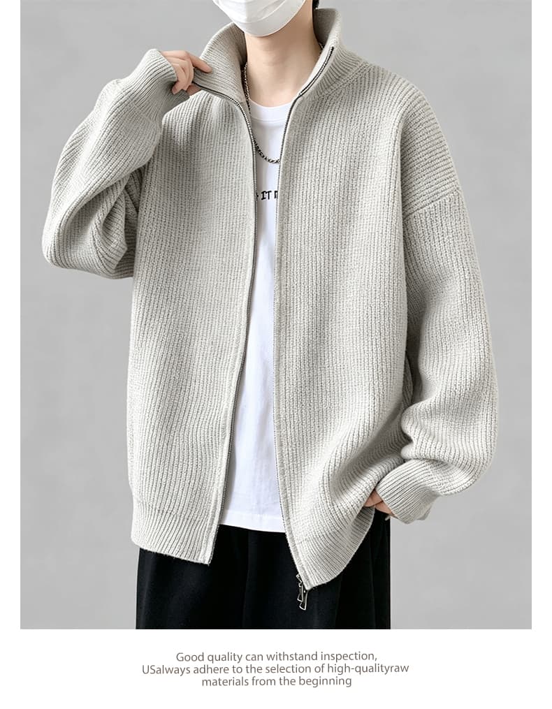 새로운 가을 겨울 단색 캐주얼 다용도 편안함 패션 잘 생긴 트렌디 에디션 오픈 가디건 더블 지퍼 스탠드 칼라 니트 스웨터 상세 이미지 12