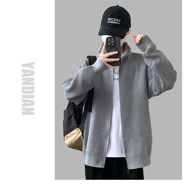 새로운 가을 겨울 단색 캐주얼 다용도 편안함 패션 잘 생긴 트렌디 에디션 오픈 가디건 더블 지퍼 스탠드 칼라 니트 스웨터 상세 이미지 15