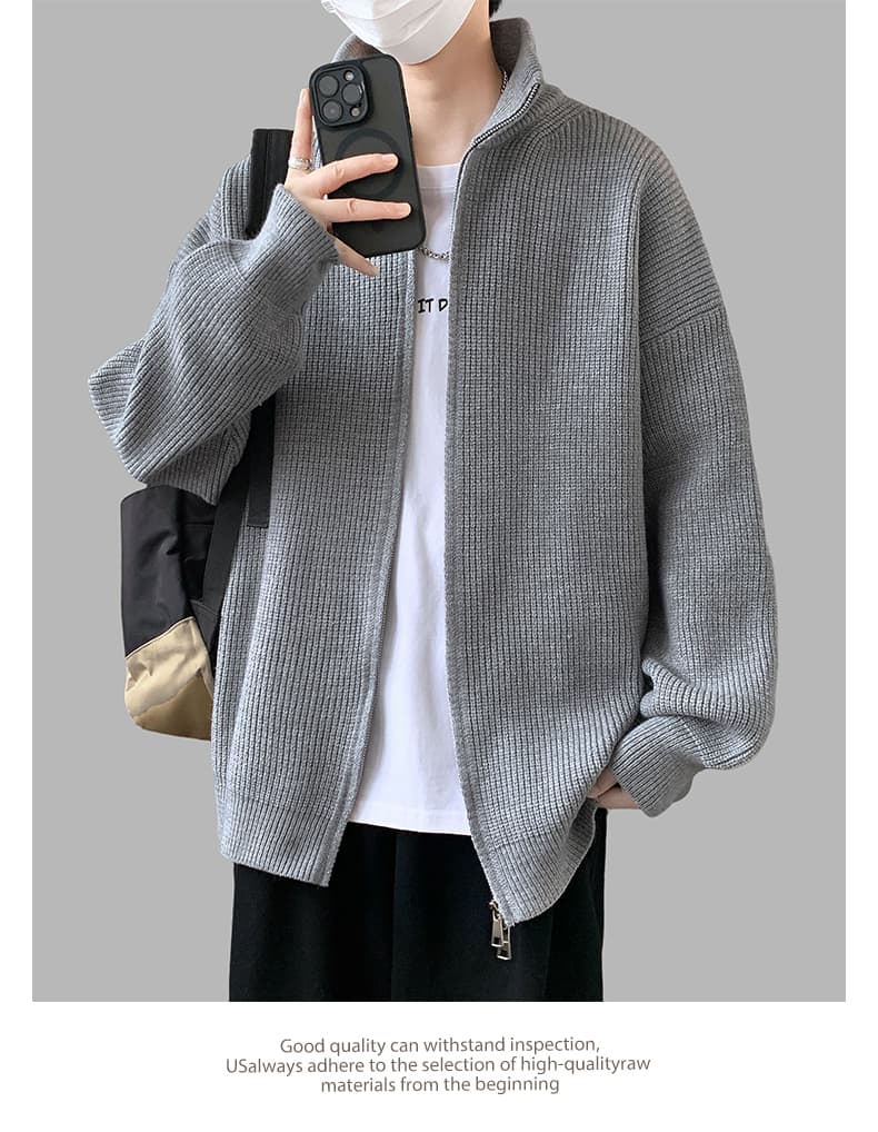 새로운 가을 겨울 단색 캐주얼 다용도 편안함 패션 잘 생긴 트렌디 에디션 오픈 가디건 더블 지퍼 스탠드 칼라 니트 스웨터 상세 이미지 16