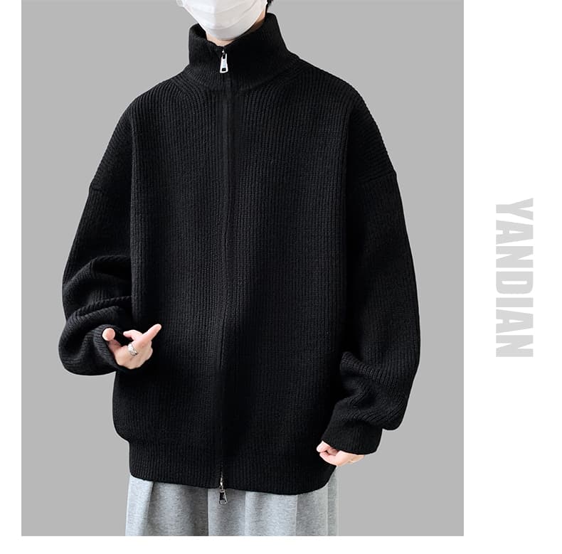 새로운 가을 겨울 단색 캐주얼 다용도 편안함 패션 잘 생긴 트렌디 에디션 오픈 가디건 더블 지퍼 스탠드 칼라 니트 스웨터 상세 이미지 18
