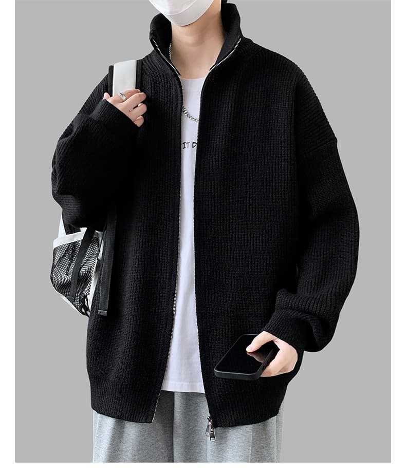 새로운 가을 겨울 단색 캐주얼 다용도 편안함 패션 잘 생긴 트렌디 에디션 오픈 가디건 더블 지퍼 스탠드 칼라 니트 스웨터 상세 이미지 20