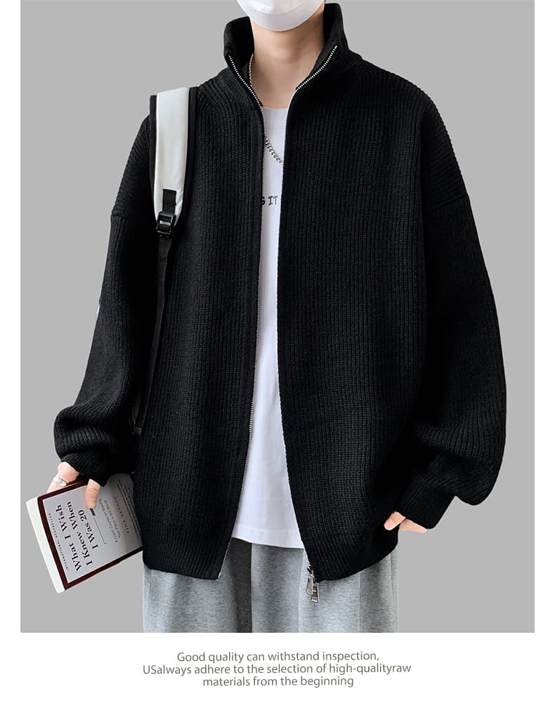새로운 가을 겨울 단색 캐주얼 다용도 편안함 패션 잘 생긴 트렌디 에디션 오픈 가디건 더블 지퍼 스탠드 칼라 니트 스웨터 상세 이미지 21