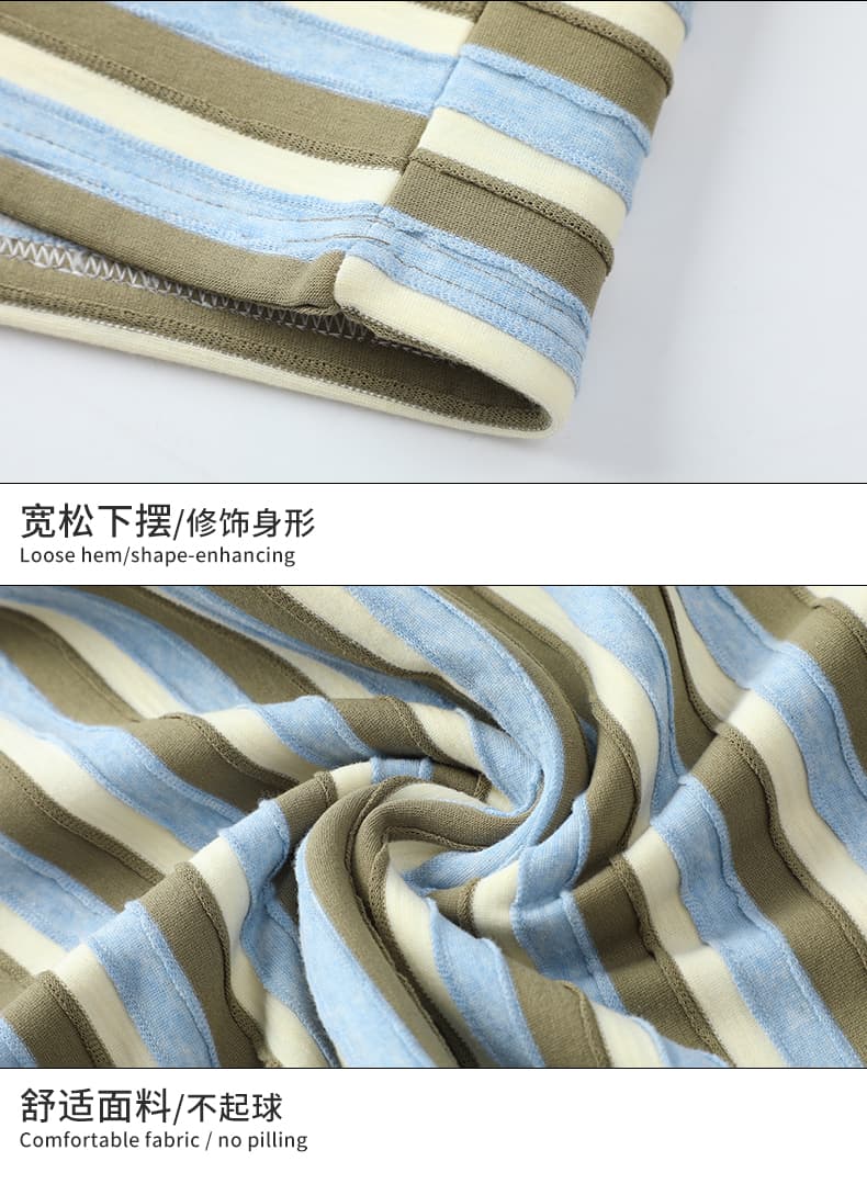 새로운 높은 품질 스트라이프 무거운 면 자카드 패치워크 컬러 짜임 기사 복합 면 소재 V넥 캐주얼 루즈핏 후드티 상세 이미지 13
