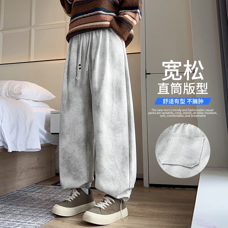 가을 새로운 후아 면 아메리칸 더러운 더러운 바지 빅 사이즈 루즈핏 넓은 다리 길이 바지 남성 캐주얼 바지 남자 운동 바지 이미지 2
