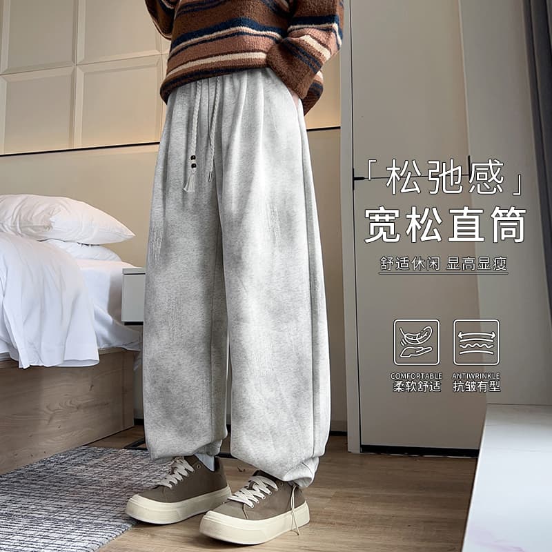 가을 새로운 후아 면 아메리칸 더러운 더러운 바지 빅 사이즈 루즈핏 넓은 다리 길이 바지 남성 캐주얼 바지 남자 운동 바지 이미지 4