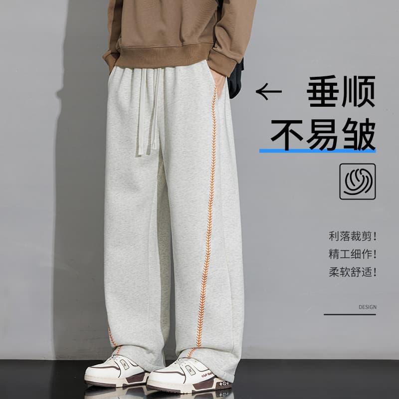 가을 새로운 후아 면 디자인 센스 보리 자수 캐주얼 바지 남자 봄 가을 배색 루즈핏 운동 스트레이트 긴 바지 이미지 2