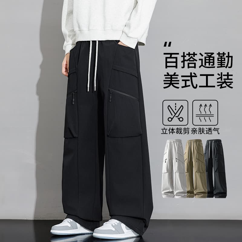 가을 새로운 조수 브랜드 아메리칸 스트레이트 낙하산 병 워크웨어 바지 기타 주머니 운동 넓은 다리 캐주얼 긴 바지 이미지 2
