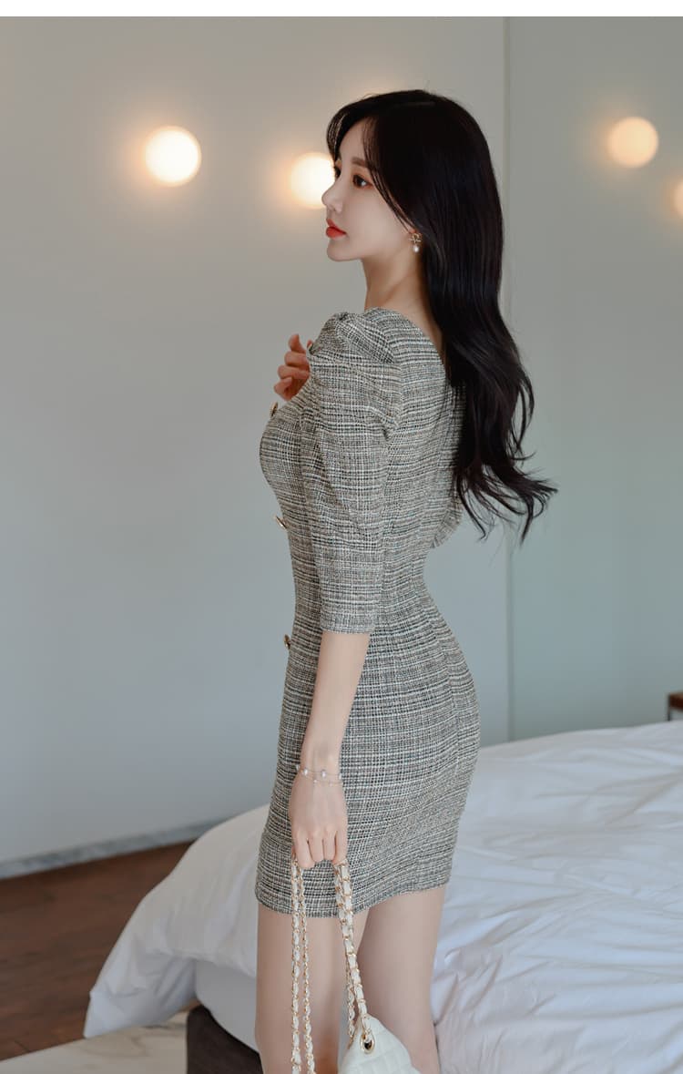 2026 봄 새로운 한국 스타일 패션 작은 샤넬 스타일 광장 칼라 7부 소매 몸매 가꾸기 슬림해 보이는 쇼트 스타일 섹시함 타이트 스커트 드레스 상세 이미지 11