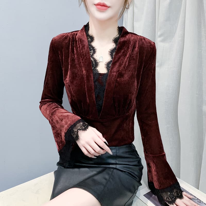 프랑스식 속눈썹 레이스 나팔 소매 벨벳 다이아몬드 세팅 티셔츠 긴팔 맨위 여성 2026 가을 겨울 새로운 V넥 기본 셔츠 이미지 5