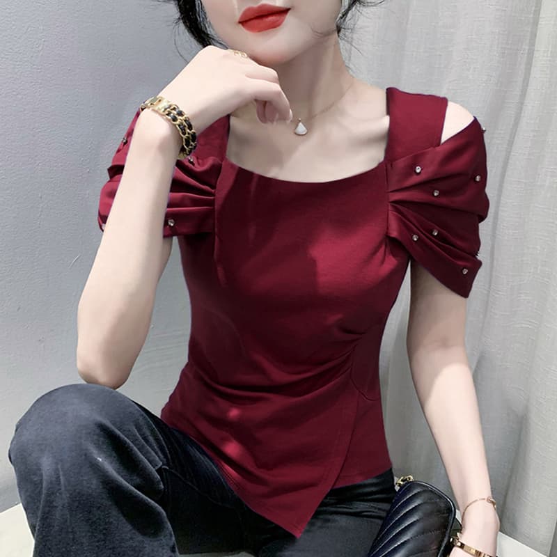 2026# 유럽 상품 여름 새로운 못 훈련 Pleat 소매 오프숄더 높은 품질 여성 패션 티셔츠 작은 셔츠 이미지 2