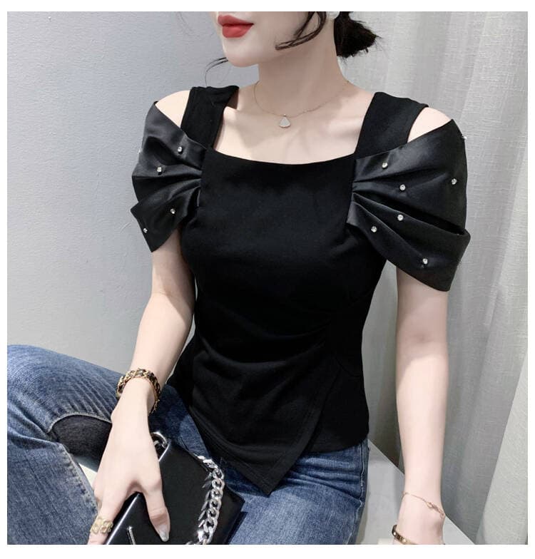 2026# 유럽 상품 여름 새로운 못 훈련 Pleat 소매 오프숄더 높은 품질 여성 패션 티셔츠 작은 셔츠 이미지 4