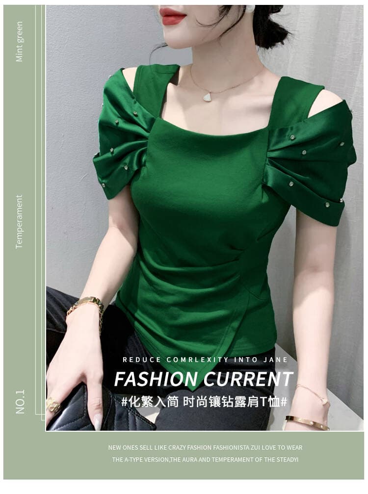 2026# 유럽 상품 여름 새로운 못 훈련 Pleat 소매 오프숄더 높은 품질 여성 패션 티셔츠 작은 셔츠 상세 이미지 1