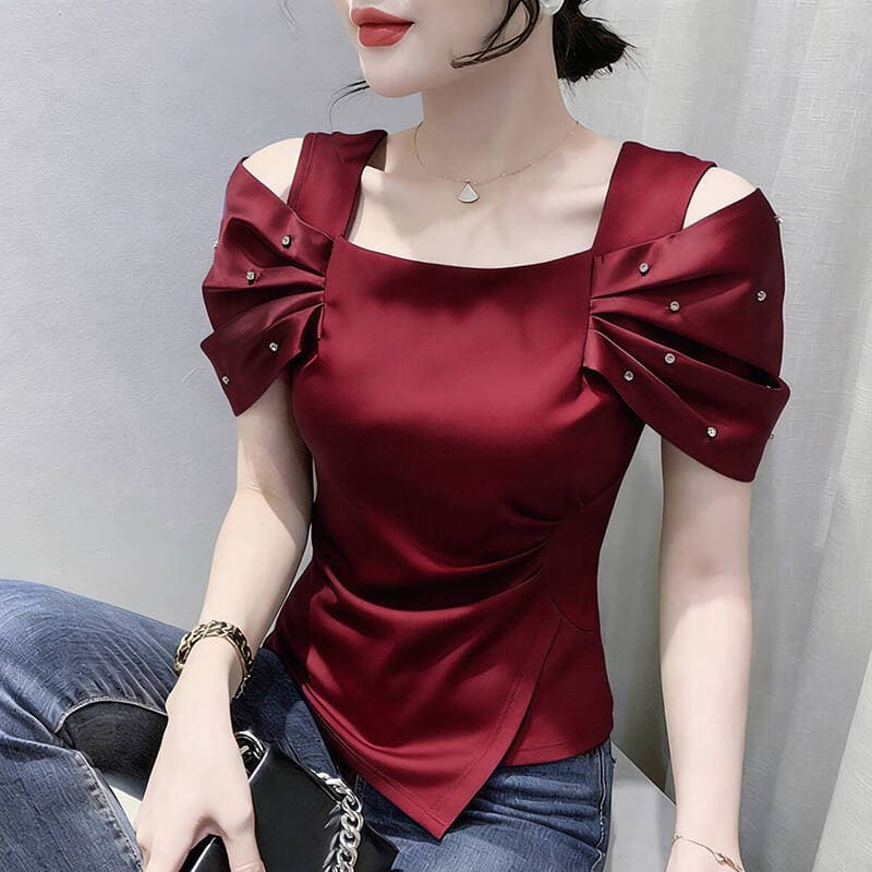 2026# 유럽 상품 여름 새로운 못 훈련 Pleat 소매 오프숄더 높은 품질 여성 패션 티셔츠 작은 셔츠 상세 이미지 9