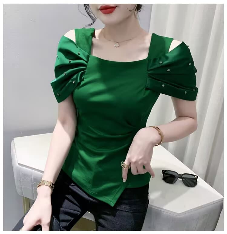 2026# 유럽 상품 여름 새로운 못 훈련 Pleat 소매 오프숄더 높은 품질 여성 패션 티셔츠 작은 셔츠 상세 이미지 16