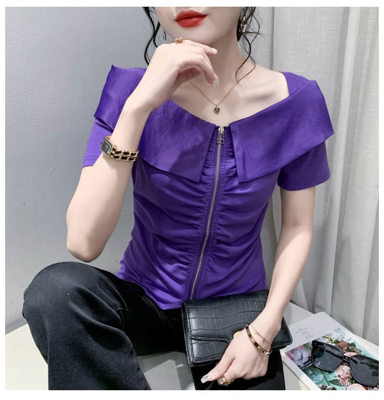 높은 품질 나비 오프숄더 허리 수축 슬림해 보이는 지퍼 디자인 2026 새로운 패션 여성용 짧은 소매 티셔츠 트렌디 이미지 5