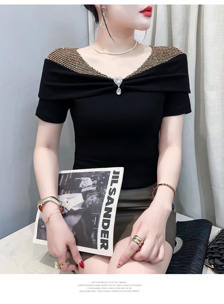 섹시함 오프숄더 개성 다이아몬드 세팅 패치워크 반팔 티셔츠 여성 여름 2026 새로운 몸매 가꾸기 품격 연령 감소 V넥 맨위 상세 이미지 25