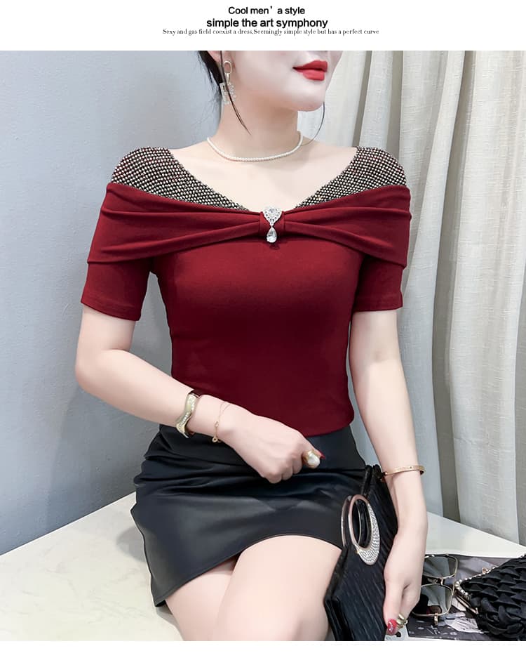섹시함 오프숄더 개성 다이아몬드 세팅 패치워크 반팔 티셔츠 여성 여름 2026 새로운 몸매 가꾸기 품격 연령 감소 V넥 맨위 상세 이미지 34