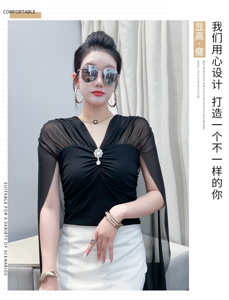 작은 대중 디자인 망토 리본 플래시 훈련 브로치 V넥 작은 셔츠 여성 여름 새로운 다용도 슬림해 보이는 얇고 가벼운 맨위 상세 이미지 3