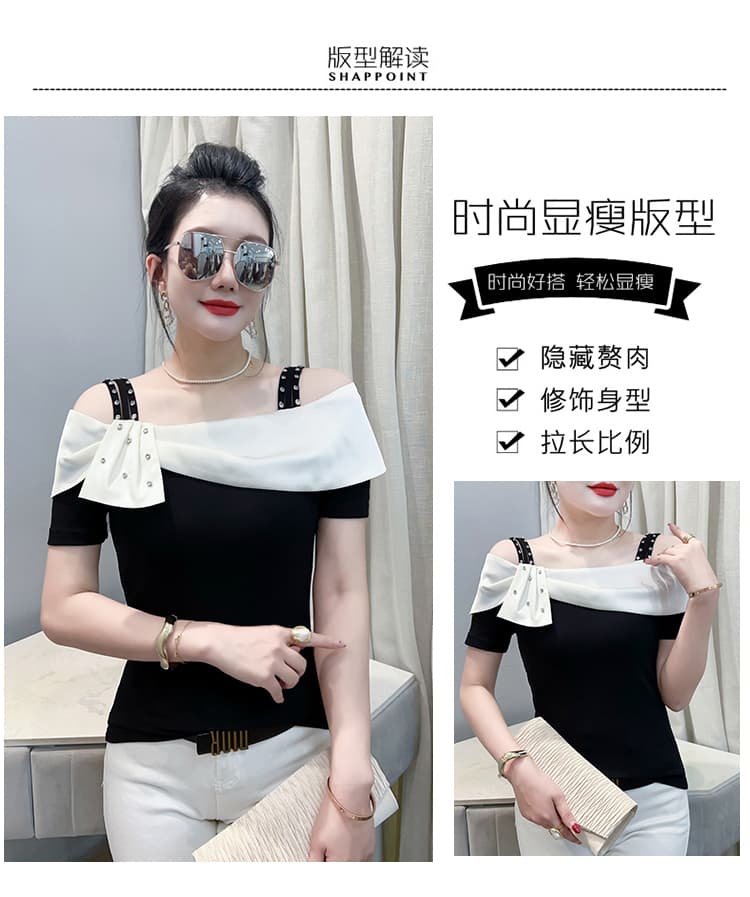 여름 새로운 프랑스식 패션 패치워크 오프숄더 작은 대중 디자인 연령 감소 슬림해 보이는 다용도 반팔 티셔츠 맨위 여성 상세 이미지 3