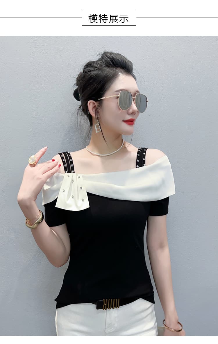 여름 새로운 프랑스식 패션 패치워크 오프숄더 작은 대중 디자인 연령 감소 슬림해 보이는 다용도 반팔 티셔츠 맨위 여성 상세 이미지 8