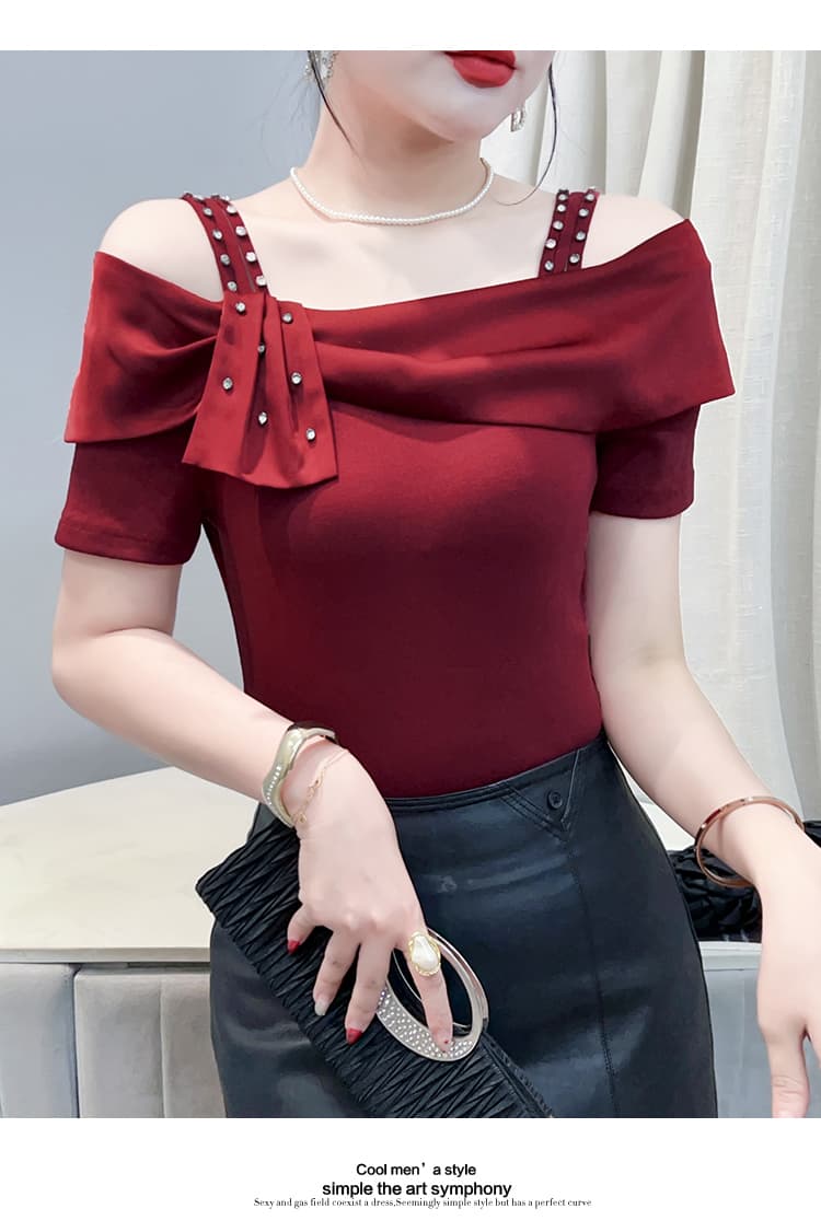 여름 새로운 프랑스식 패션 패치워크 오프숄더 작은 대중 디자인 연령 감소 슬림해 보이는 다용도 반팔 티셔츠 맨위 여성 상세 이미지 32