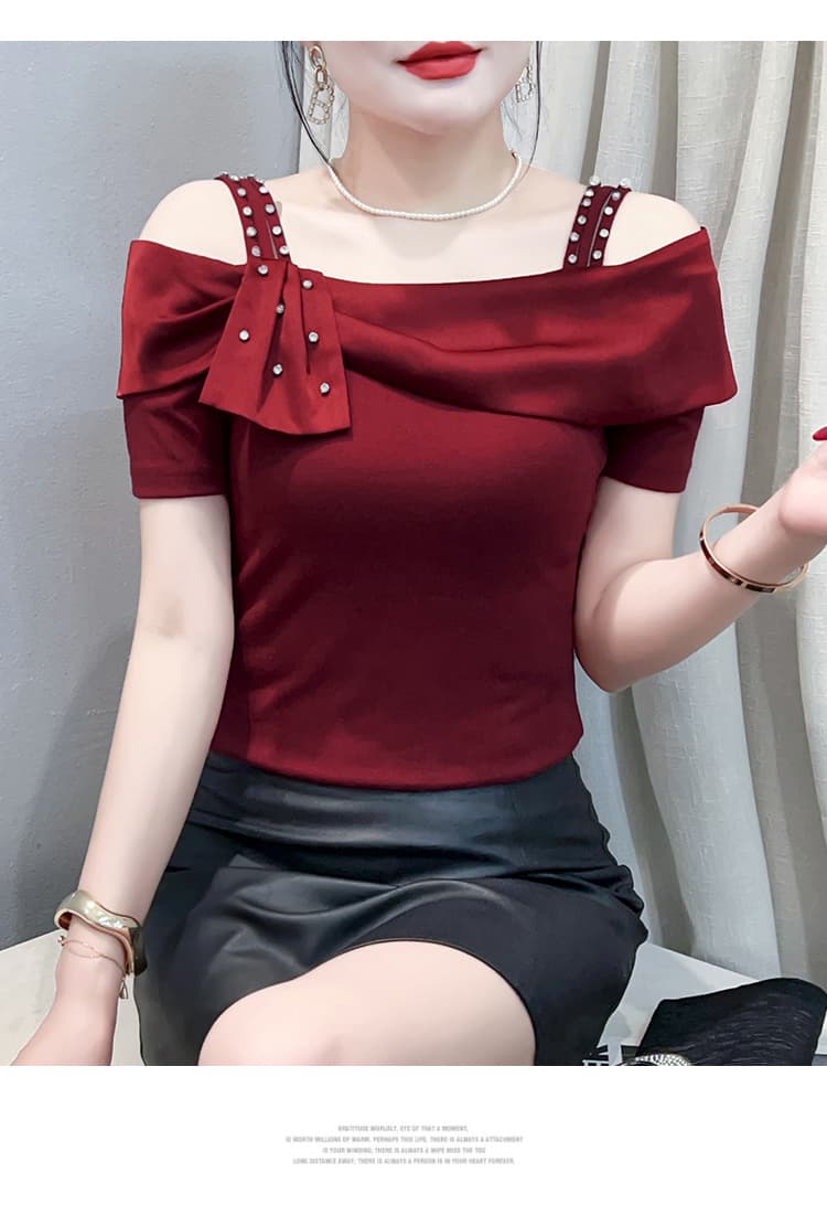 여름 새로운 프랑스식 패션 패치워크 오프숄더 작은 대중 디자인 연령 감소 슬림해 보이는 다용도 반팔 티셔츠 맨위 여성 상세 이미지 34