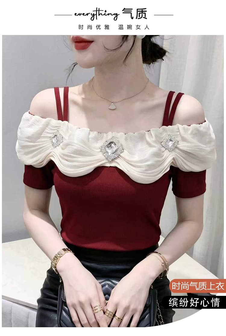 유럽 상품 프랑스식 고급 센스 배색 물결무늬 칼라 맨위 여성 여름 새로운 빛 요리 한 작은 대중 다용도 품격 티셔츠 상세 이미지 1