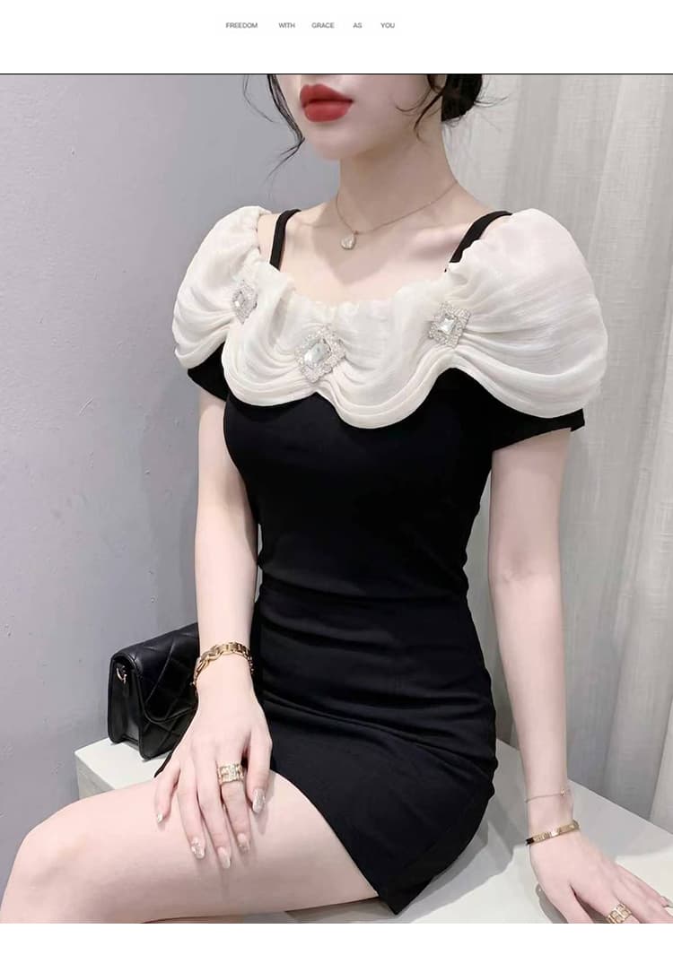 유럽 상품 프랑스식 고급 센스 배색 물결무늬 칼라 맨위 여성 여름 새로운 빛 요리 한 작은 대중 다용도 품격 티셔츠 상세 이미지 18