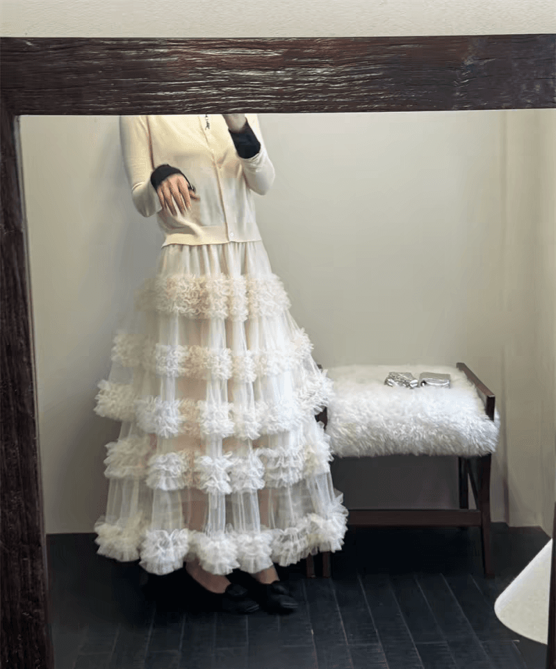 일본과 한국 휴가 바람 새로운 무거운 작업 ins 레이스 플리츠 케이크 드레스 프릴 큰 진자 바닥 청소 망사 반신 스커트 이미지 2