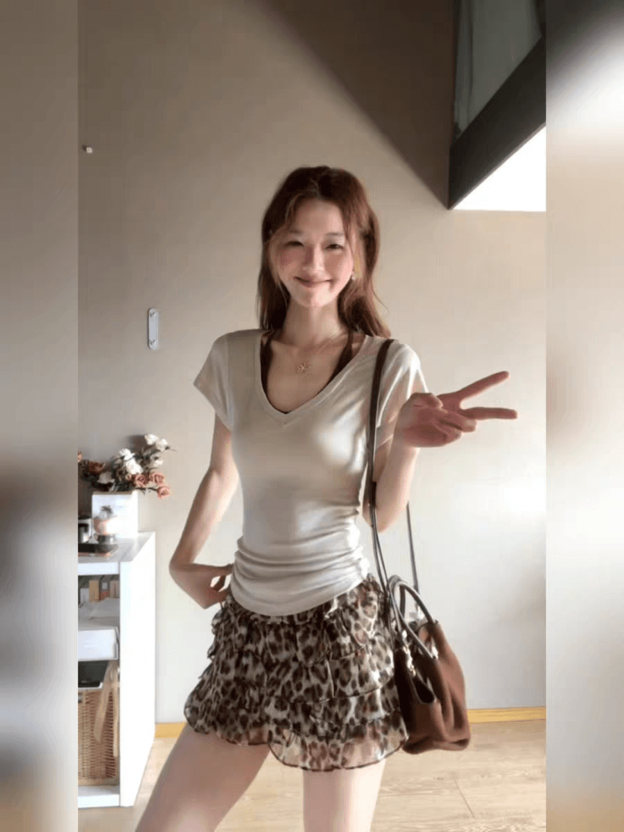 있음 선적 레오파드 무늬 퍼프 프릴 케이크 미니 스커트 여성 봄 여름 작은 키 레벨 센스 연령 감소 다용도 반신 스커트 이미지 3