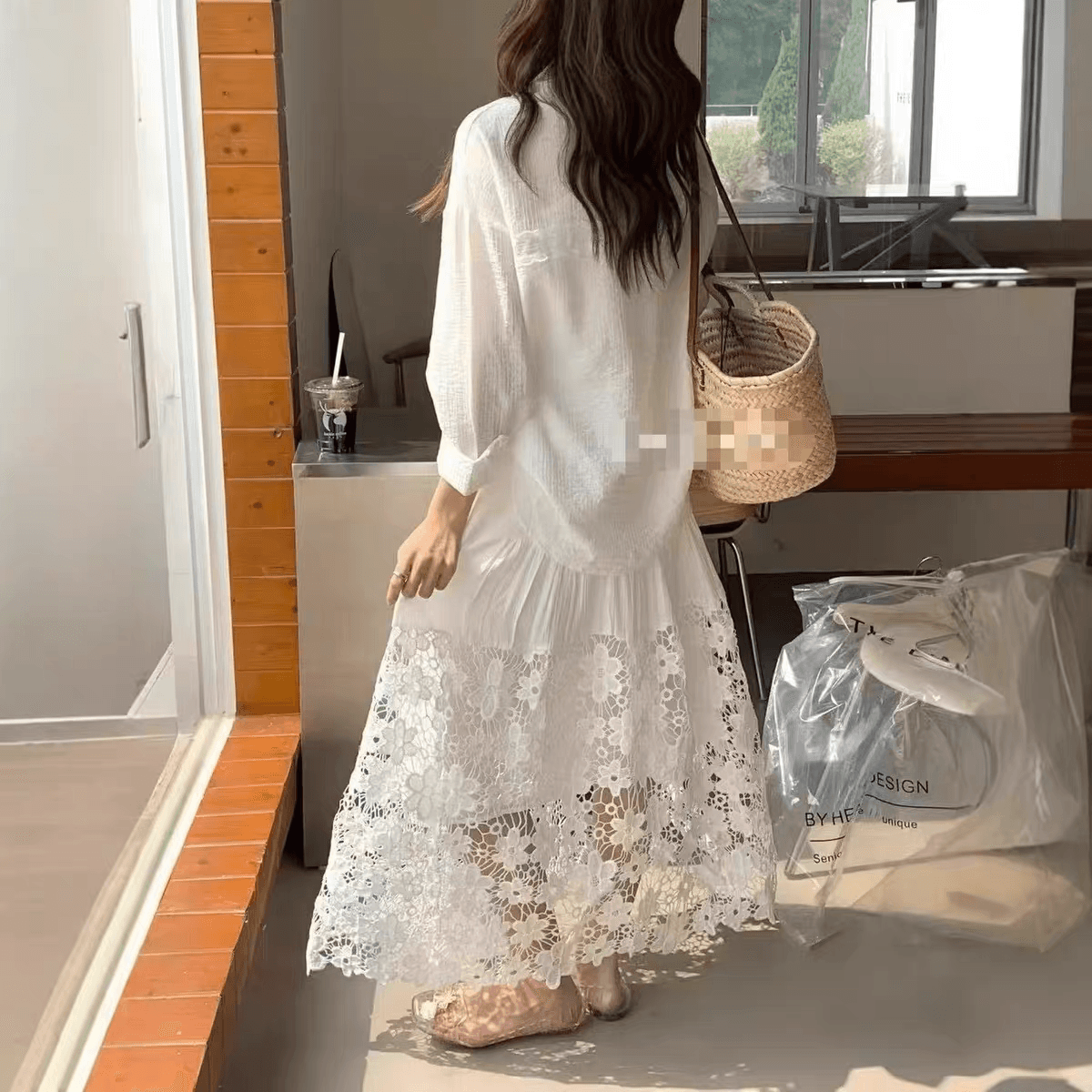 있음 선적 첫사랑 하얀 달빛 부드러운 요정 바람 우아함 홀로우 아웃 자수 후아 꽃 화이트 레이스 반신 스커트 밴딩 상세 이미지 7