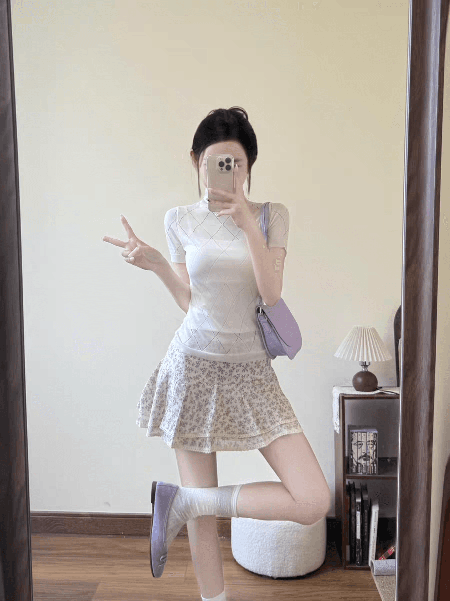 장난기 넘치는 연령 감소 주간 실크 꽃무늬 작은 미니 스커트 여성 새로운 패치워크 레이스 레이스 반신 치마 상세 이미지 3