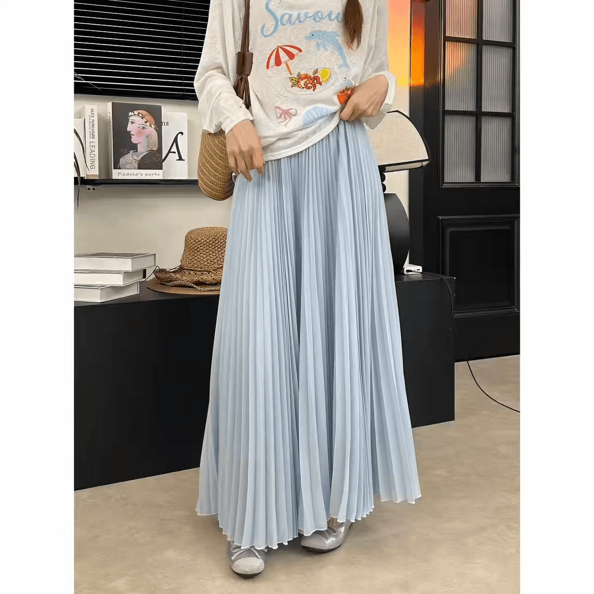 플리츠 스커트 한 마디 반신 스커트 여성 여름 2026 새로운 하이웨이스트 슬림해 보이는 도루 가을 센스 큰 진자 쉬폰 롱 스커트 우산 치마 이미지 4