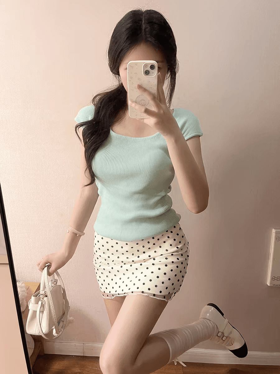 milyroom 여름 한 부서 분위기 센스 숙녀 부드러운 달콤함 품격 맨위 여성용 짧은 소매 도트 무늬 치마 세트 이미지 2