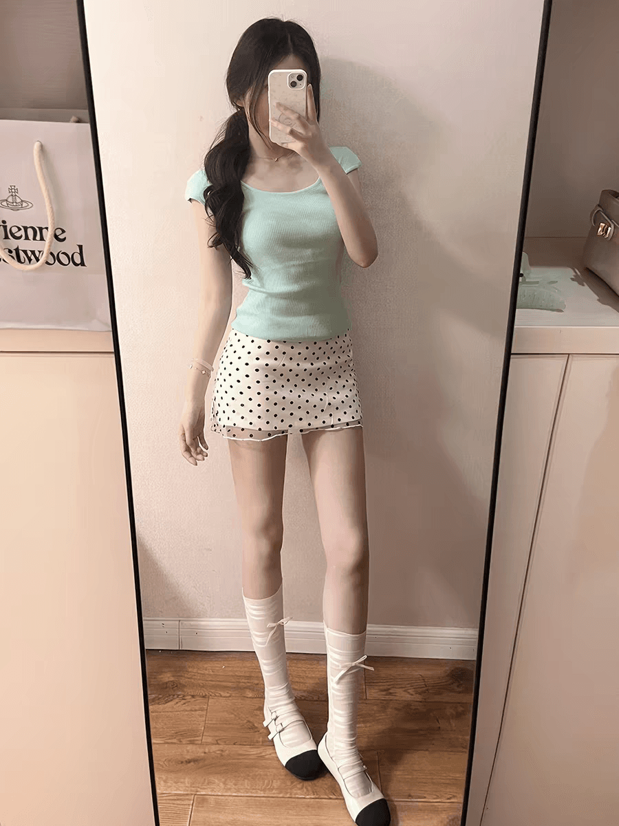 milyroom 여름 한 부서 분위기 센스 숙녀 부드러운 달콤함 품격 맨위 여성용 짧은 소매 도트 무늬 치마 세트 상세 이미지 7