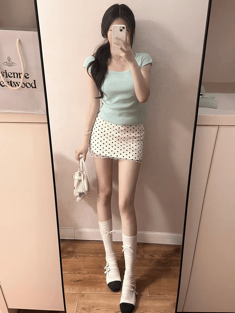 milyroom 여름 한 부서 분위기 센스 숙녀 부드러운 달콤함 품격 맨위 여성용 짧은 소매 도트 무늬 치마 세트 상세 이미지 8